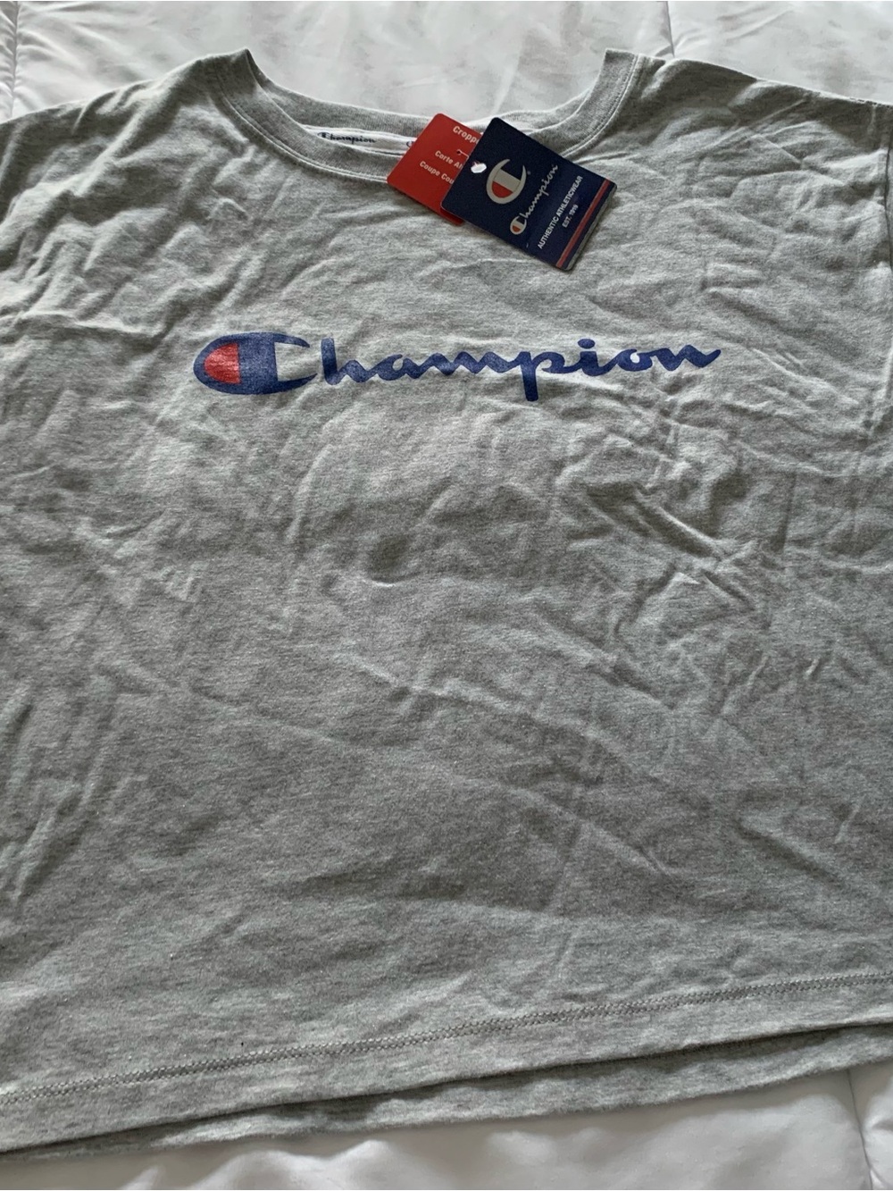Champion Gray Short Sleeve Tee with Blue & Red Logo